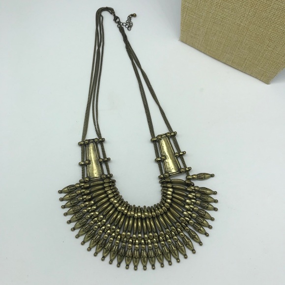 Bohemian Bar Bib Multi Chain Brass Tone Necklace - Picture 5 of 6